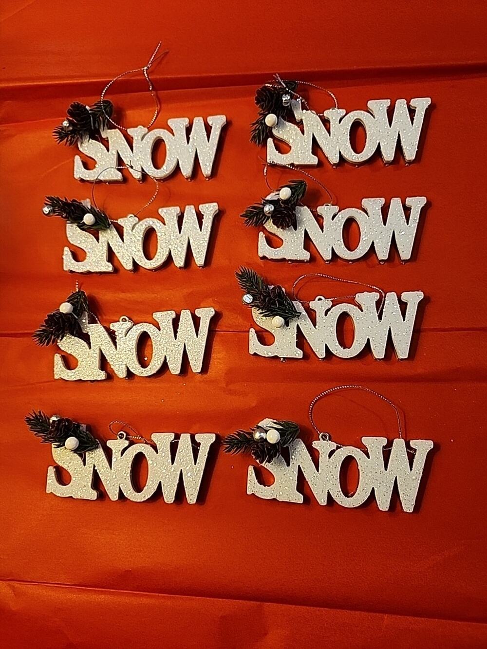 Lot of 8 SNOW Christmas Ornaments Glittery White Greenery 4"